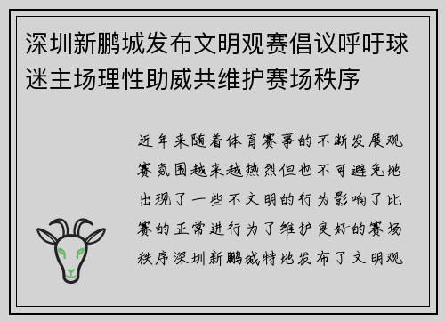 深圳新鹏城发布文明观赛倡议呼吁球迷主场理性助威共维护赛场秩序